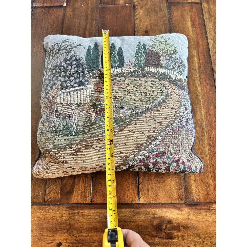 Vintage Lot Of 2 Tapestry Throw Pillow Garden Bench Floral Landscape Cottagecore